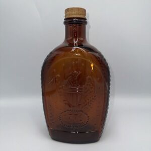 Log Cabin Syrup Bottle Bicentennial 1776 Eagle Amber Glass Vintage Flask 8in